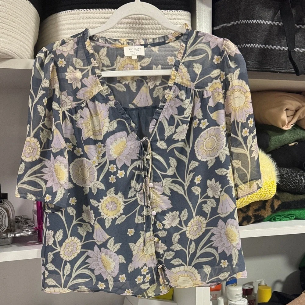 Central Park West Floral Blouse | Boho Chic Sheer Top size M - Picture 3 of 4